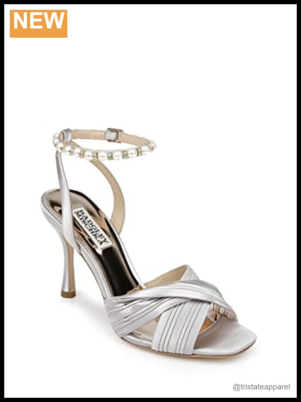 Badgley Mischka Tawny Satin Stiletto Heeled Sandal Pearl Ankle Strap